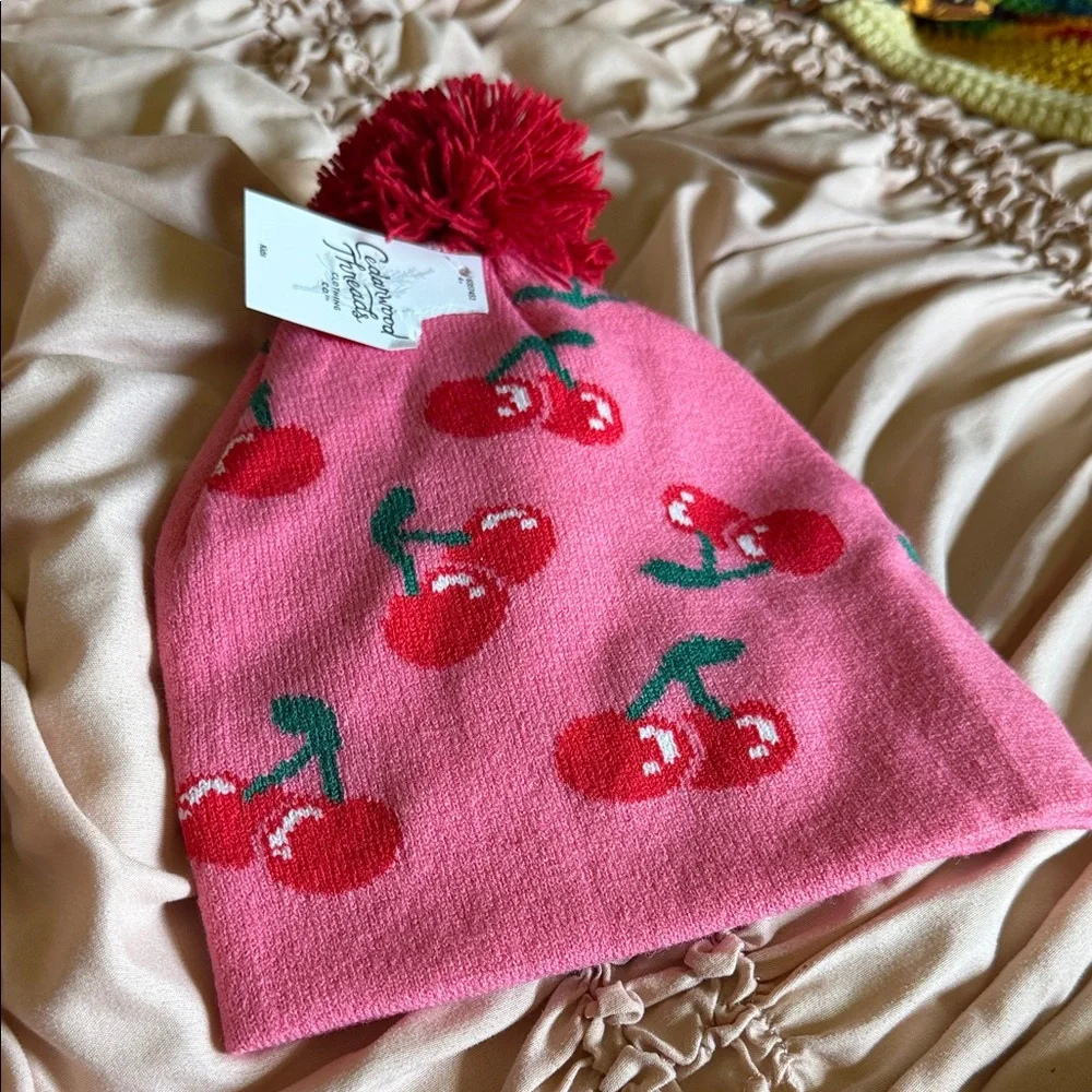 Pink Cherry Knit Pom Pom Beanie for Kids